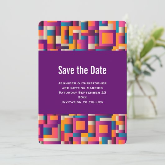 Farbenfrohe Abstrakte Plätze und Formen Save The Date (Stehend Vorderseite)