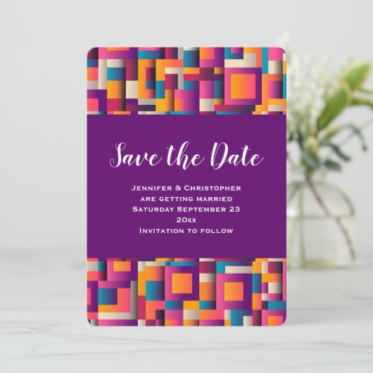 Farbenfrohe Abstrakte Plätze und Formen Save The Date (Stehend Vorderseite)