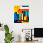Farbenfrohe Abstrakte Stadtführung mit Sonne und B Poster (Heimbüro)