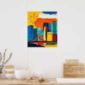 Farbenfrohe Abstrakte Stadtführung mit Sonne und B Poster (Küche)