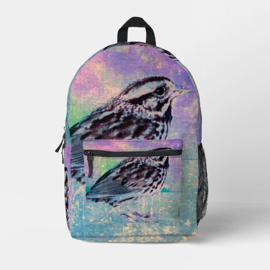 Farbenfrohe Abstrakte Vogelkunst: Lebhafter Songbi Bedruckter Rucksack (Vorderseite)