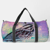 Farbenfrohe Abstrakte Vogelkunst: Lebhafter Songbi Duffle Bag (Rückseite)