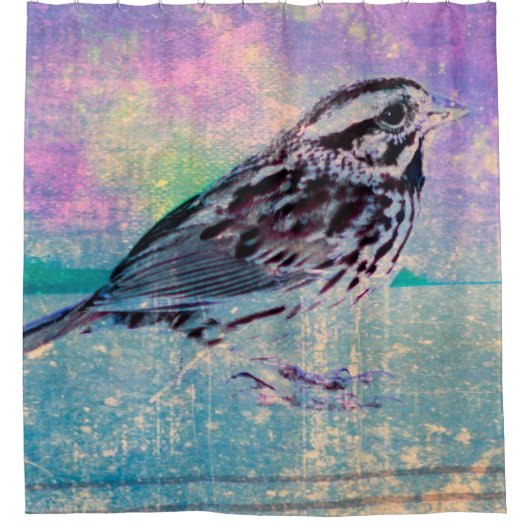 Farbenfrohe Abstrakte Vogelkunst: Lebhafter Songbi Duschvorhang (Vorderseite)