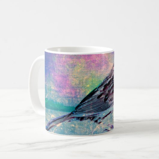 Farbenfrohe Abstrakte Vogelkunst: Lebhafter Songbi Kaffeetasse (Vorderseite Links)