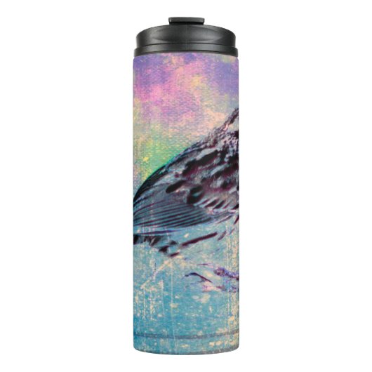 Farbenfrohe Abstrakte Vogelkunst: Lebhafter Songbi Thermosbecher (Vorderseite)
