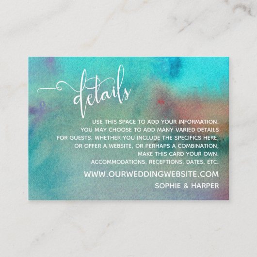 Farbenfrohe Abstrakte Wasserfarben - Hochzeitdetai Begleitkarte (Vorderseite)