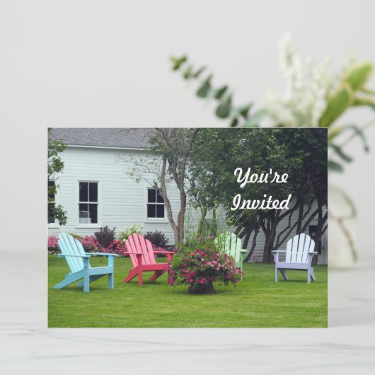 Farbenfrohe Adirondack Stuhl Blumenstuhl Foto Gebu Einladung (Stehend Vorderseite)