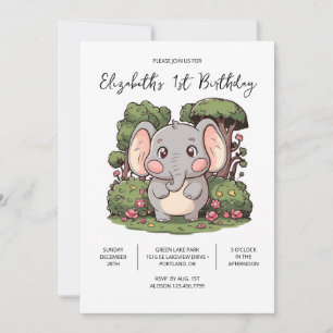 Farbenfrohe adorable Elefant 1. Geburtstag digital Einladung