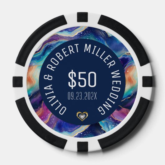 Farbenfrohe agate Textur weiß auf blauem Text Hoch Pokerchips (Vorderseite)