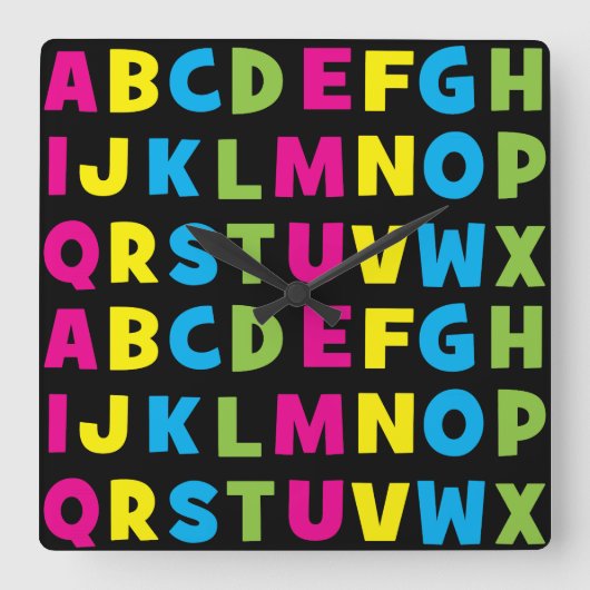 Farbenfrohe Alphabet A bis Z Quadratische Wanduhr (Vorderseite)