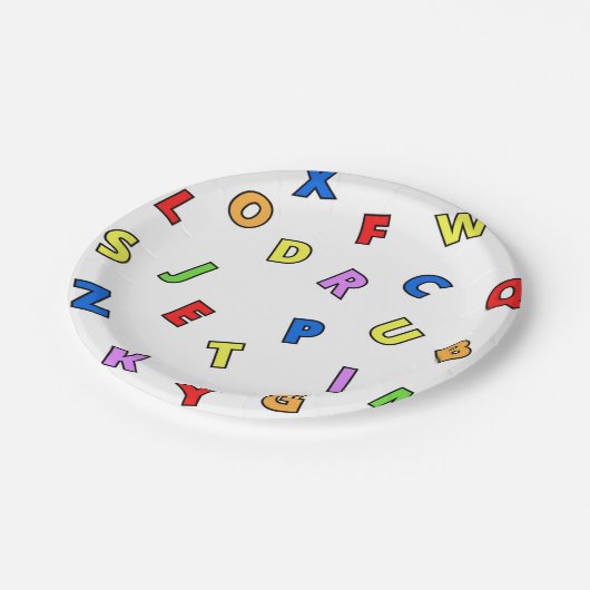 Farbenfrohe Alphabet Paper Teller (Schrägansicht)