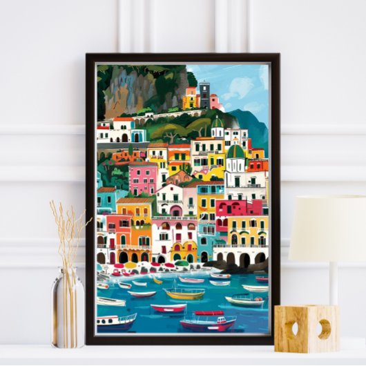 Farbenfrohe Amalfi Coast Beach Illustration Fotodruck