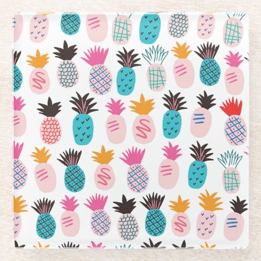 Farbenfrohe Ananas-Blätter, tropisches Doodle. Glasuntersetzer (Vorderseite)