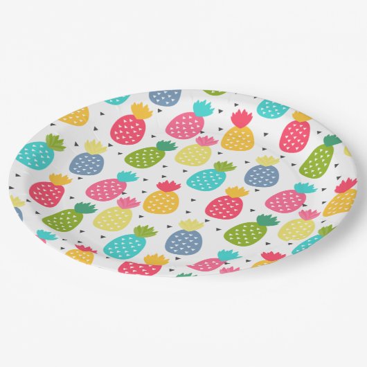 Farbenfrohe Ananas-Muster Pappteller (Schrägansicht)