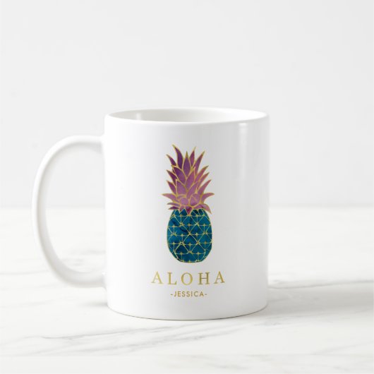 Farbenfrohe Ananas und Gold Aloha Kaffeetasse (Links)
