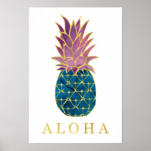Farbenfrohe Ananas und Gold Aloha Poster