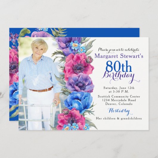 Farbenfrohe Anemone Blumenbäume Foto 80. Geburtsta Einladung (Vorne/Hinten)