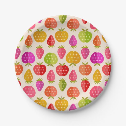 Farbenfrohe Äpfel und Erdbeeren mit Retro-Sternen Pappteller (Vorderseite)
