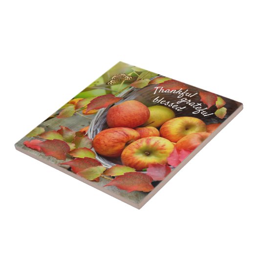 Farbenfrohe Apfelkörbe und Herbstlaube. Fliese (Seite)