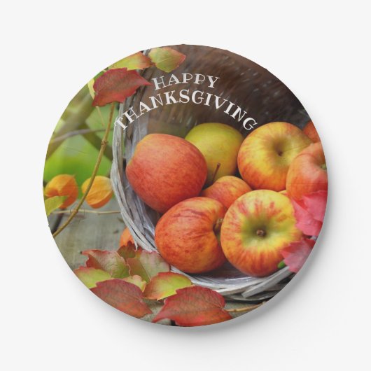 Farbenfrohe Apple Basket Happy Thanksgiving Pappteller (Vorderseite)