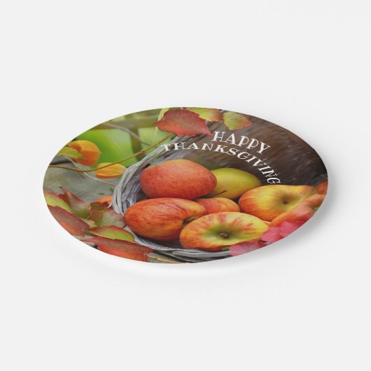 Farbenfrohe Apple Basket Happy Thanksgiving Pappteller (Schrägansicht)