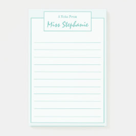 Farbenfrohe Aquamarine blaue Schrift vom Lehrer Post-it Klebezettel