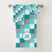 Farbenfrohe Aquamarine und Aqua Checkered Matching Badhandtuch Set (Insitu)