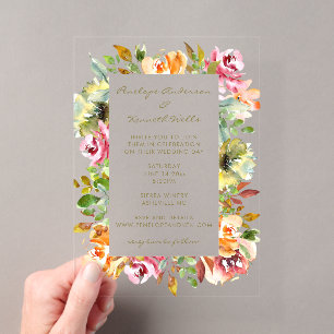 Farbenfrohe Aquarell-Blumen-Hochzeit Erdig Boho Acryleinladungen