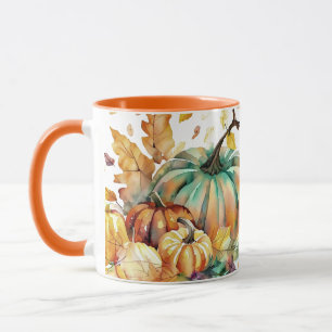 Farbenfrohe Aquarell-Kürbisse und Blätter Tasse
