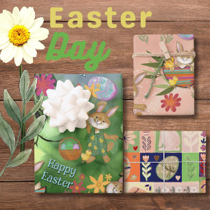 Farbenfrohe Aquarellbilder Ostern Sonnige Hühner Geschenkpapier Set