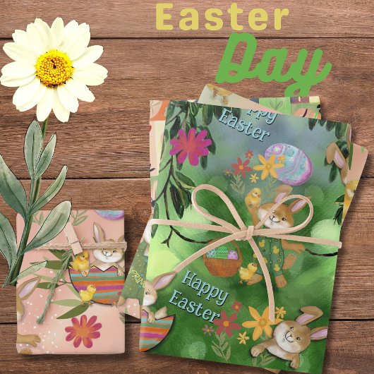 Farbenfrohe Aquarellbilder Ostern Sonnige Hühner Geschenkpapier Set