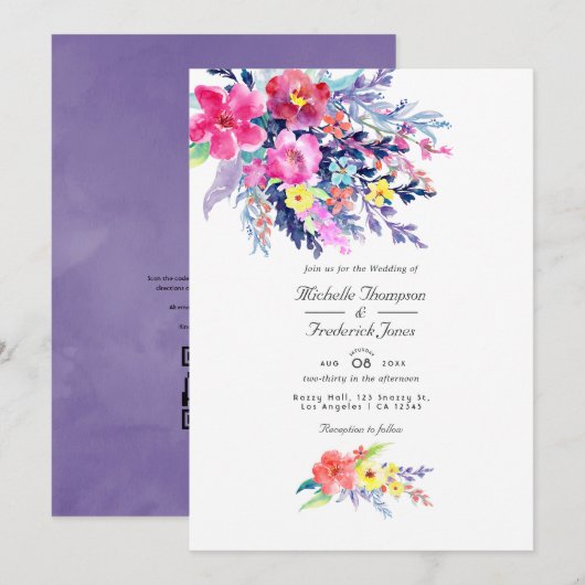 Farbenfrohe Aquarellblume QR-UAWG Hochzeit Einladung (Vorne/Hinten)