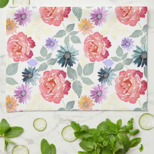 Farbenfrohe Aquarellblumenmuster Geschirrtuch (Gefaltet)