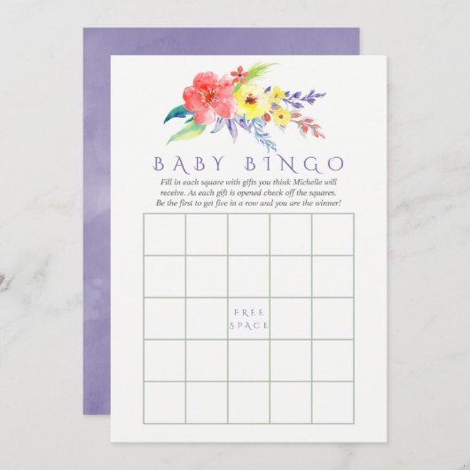 Farbenfrohe Aquarellblütendusche Bingo Einladung (Vorne/Hinten)