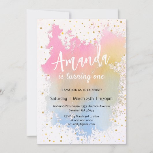 Farbenfrohe Aquarellbrunnengeburt Einladung (Vorderseite)