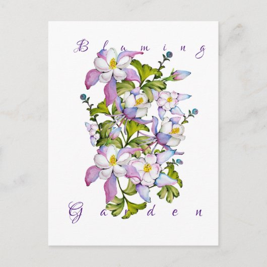 Farbenfrohe Aquarellbukett mit Kolumbin und grünem Postkarte (Vorderseite)