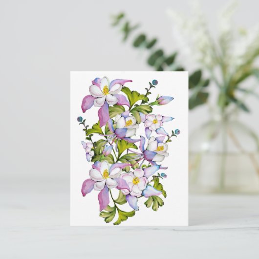 Farbenfrohe Aquarellbukett mit Kolumbin und grünem Postkarte (Stehend Vorderseite)
