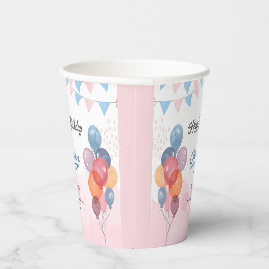 Farbenfrohe Aquarellfarben Ballon Mädchen Geburtst Pappbecher (Rechts)