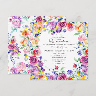 Farbenfrohe Aquarellfarben Blumenchic Quinceañera Einladung