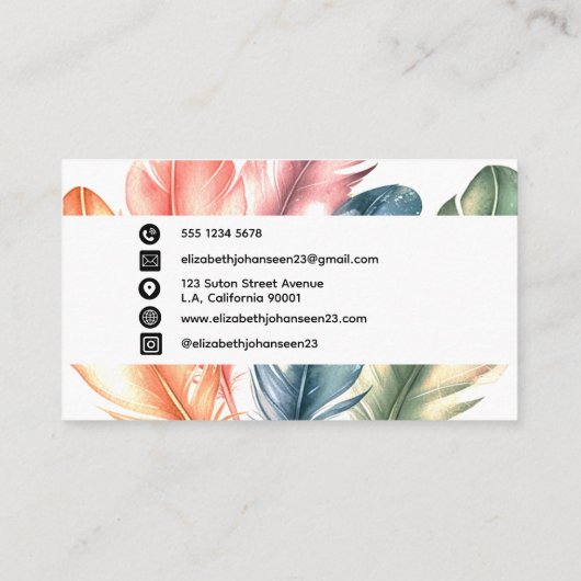 Farbenfrohe Aquarellfarben Federn schwarzer Skript Visitenkarte (Rückseite)