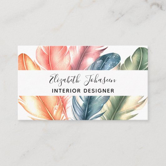 Farbenfrohe Aquarellfarben Federn schwarzer Skript Visitenkarte (Vorderseite)