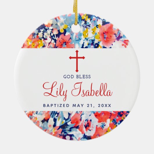 Farbenfrohe Aquarellfarben florale Christening Tau Keramik Ornament (Hinten)