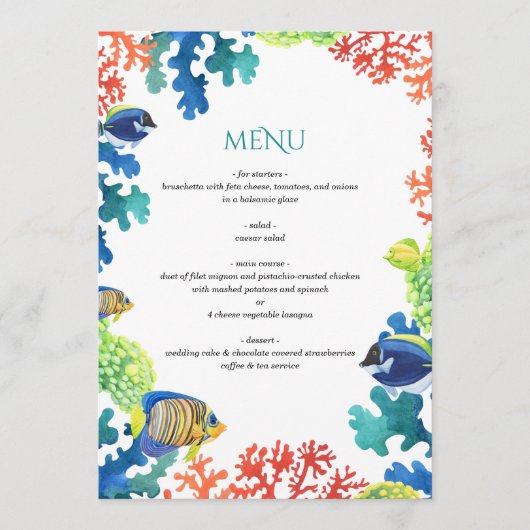 Farbenfrohe Aquarium Hochzeit Menükarte (Vorderseite)
