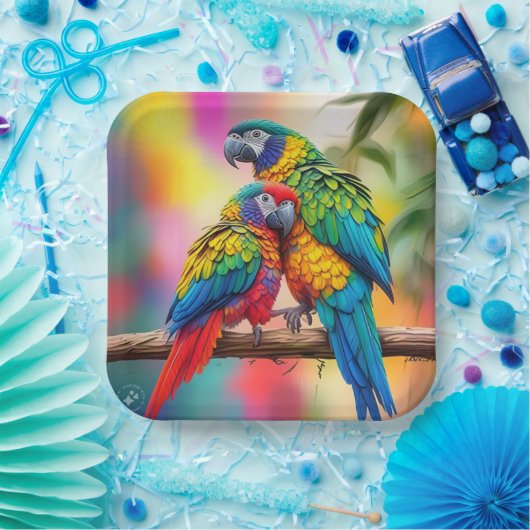 Farbenfrohe Ara Parrots auf einem Zweig-45739 Pappteller (Party)