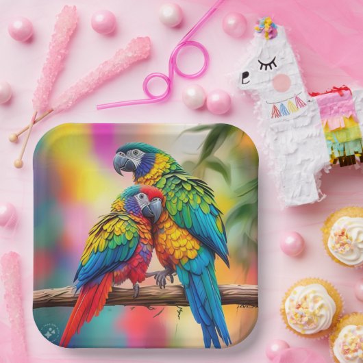 Farbenfrohe Ara Parrots auf einem Zweig-45739 Pappteller (Party)