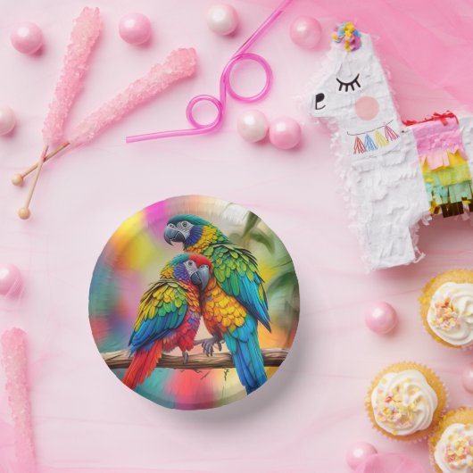 Farbenfrohe Ara Parrots auf einem Zweig-45739 Pappteller (Party)