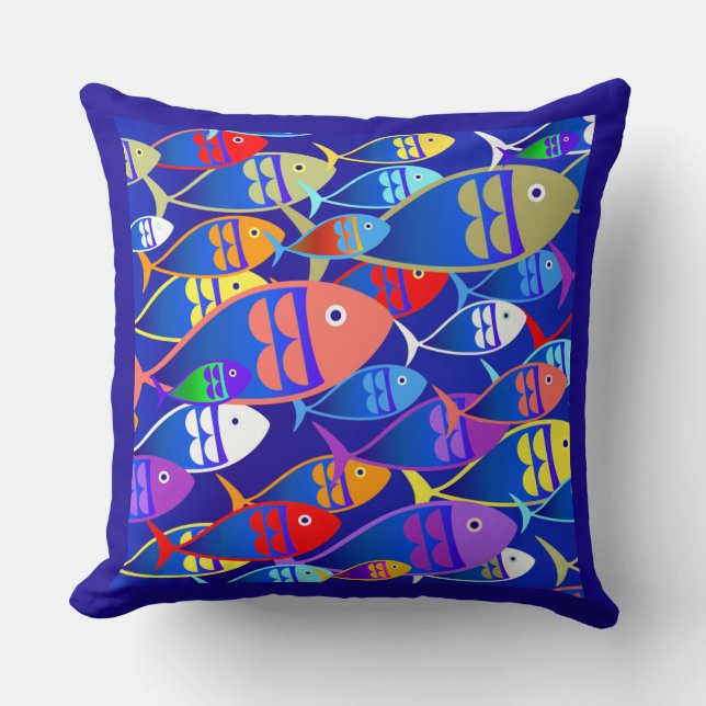 Farbenfrohe Art Deco Fish Design Kissen (Vorderseite)
