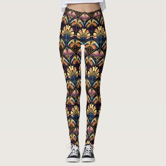 Farbenfrohe Art Deco Inspiriert Lüfter Gemustert Leggings (Vorderseite)