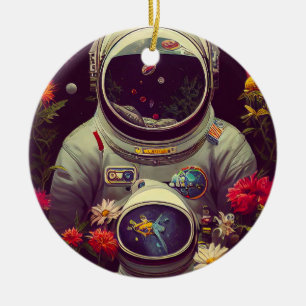 Farbenfrohe Astronauten im Weltraum mit Blume Kuns Keramik Ornament