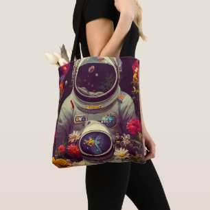 Farbenfrohe Astronauten im Weltraum mit Blume Kuns Tasche